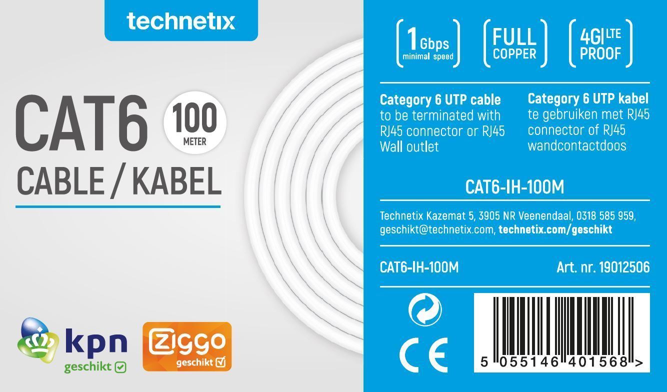 Netwerkkabel CAT6 op rol, 100 meter wit